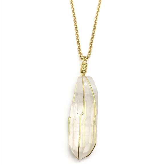 RAW GOLD CAGED QUARTZ CRYSTAL NECKLACE 22 inches - Picture 1 of 3